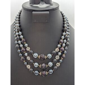 Vintage Triple Strand Gray W/ Purple Tint Austrian AB Crystal Bead Necklace